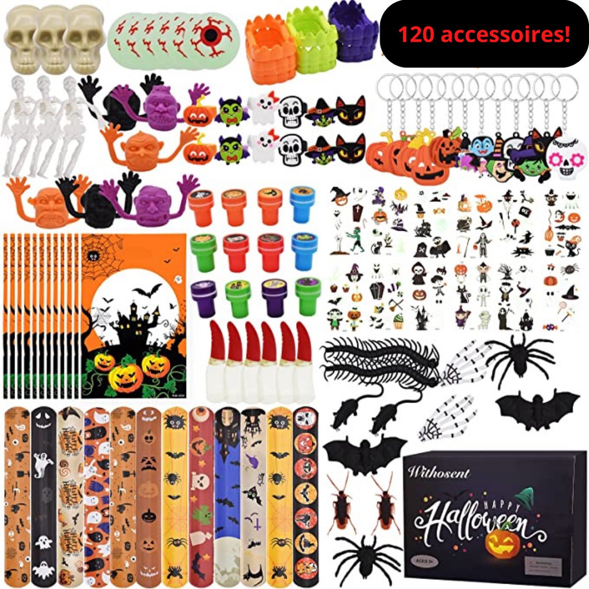 120 stuks halloweendecoratie (incl cadeauzakjes!) - halloweenfeestdecoratie - speelgoedaccessoires - halloween-spinnenskelet - tijdelijke tatoeages - klikarmband - vampiertanden