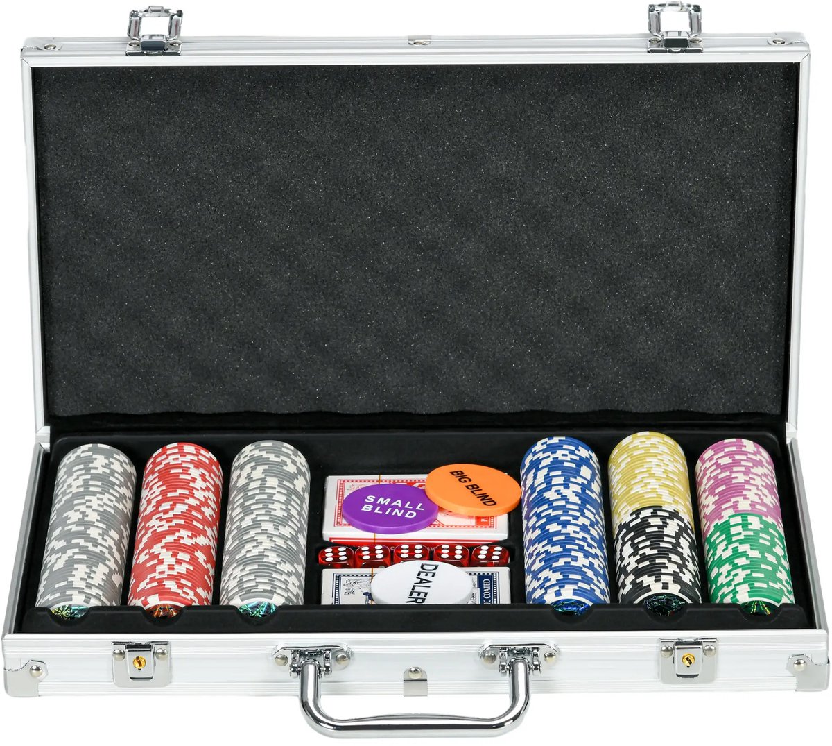 Luxe   met 300 Chips - 2 Kaartspellen - 5 Dobbelstenen - Aluminium Koffer met Voetstuk - 38 x 23 x 6,5 cm - Pokerchips Complete Set - Pokerspel - Kaartspellen - voor Texas Holdem, Blackjack