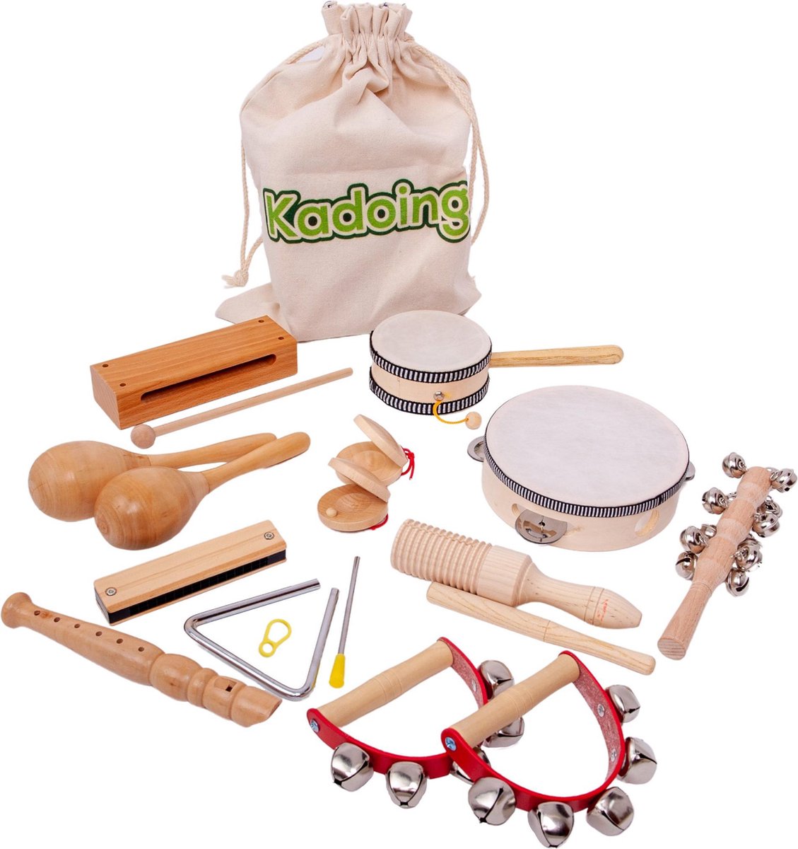  ® 18-Delige Houten Muziekinstrumenten Set - Duurzaam Cadeau - Harmonica -  Rammelaar – Tamboerijn – Hand drum – Blokfluit - School - Kinderspeelgoed - Muziek Speelgoed Voor Kinderen - - Black Friday - Sinterklaas