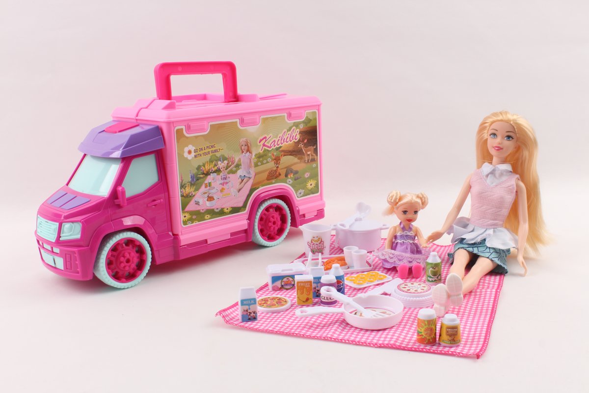 Picknick wagen -  Camper - Geschikt voor Barbie - Met vele accessoires - Inclusief barbiepoppen - Met picknickkleed en etenswaren