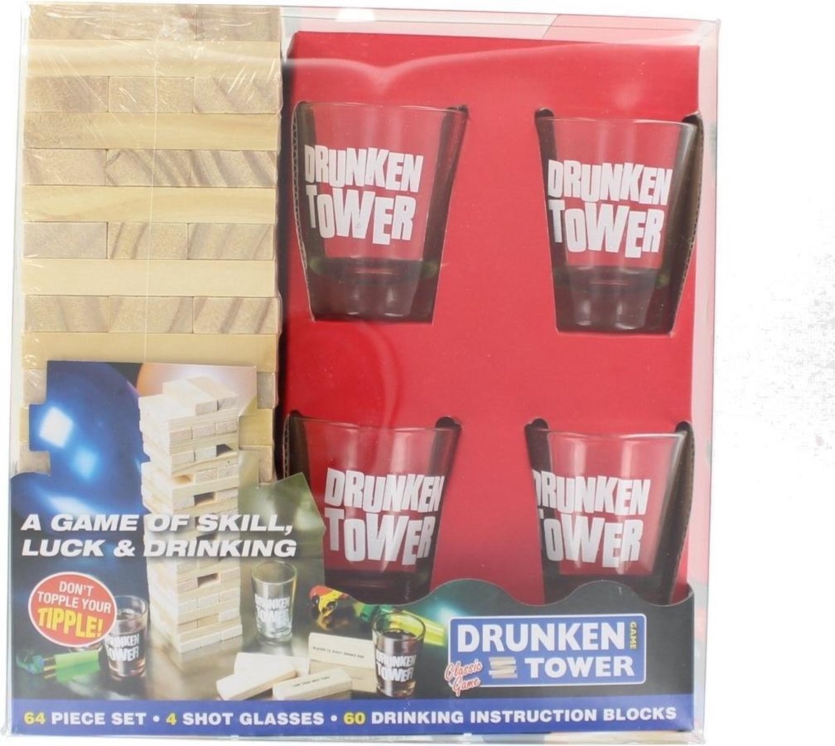 Kamparo Drankspel Drunk Tower Hout/glas Transparant 5-delig