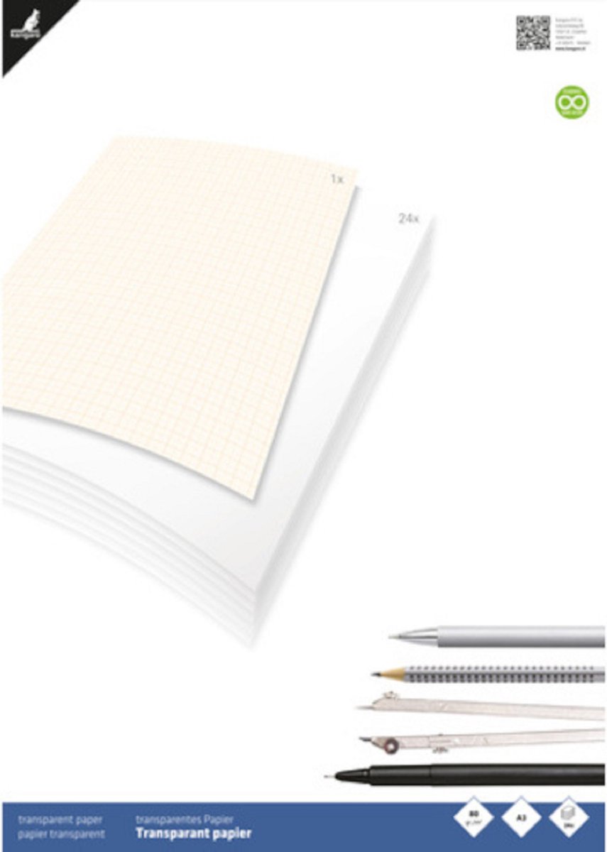 Kangaro Transparant Papier A3 - 80 gram/m² - 5 x 24 Vellen + 5 Vellen Millimeterpapier A3