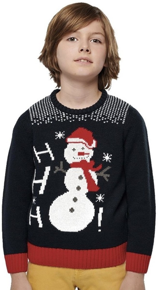 Foute gebreide kersttrui donkerblauw Sneeuwpop print voor kinderen - Winter/kerst sweater/pullover L (10/12)