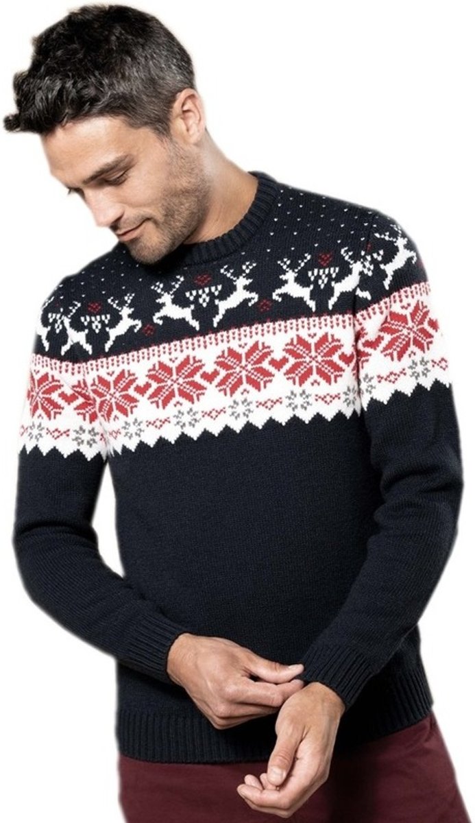 Foute gebreide kersttrui navy/wit Nordic print voor volwassenen - Scandinavische/Noorse winter sweater/pullover 2XL (44/56)