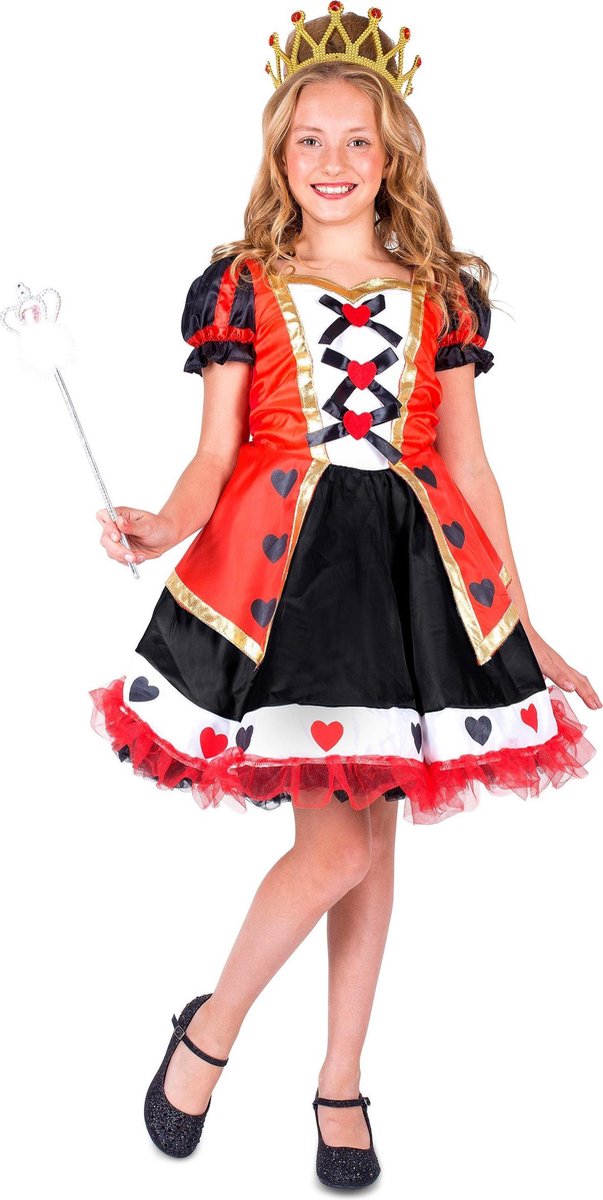 KARNIVAL COSTUMES - Hartenkoningin kostuum met opdruk voor meisjes - 140 (9-10 jaar) - Kinderkostuums