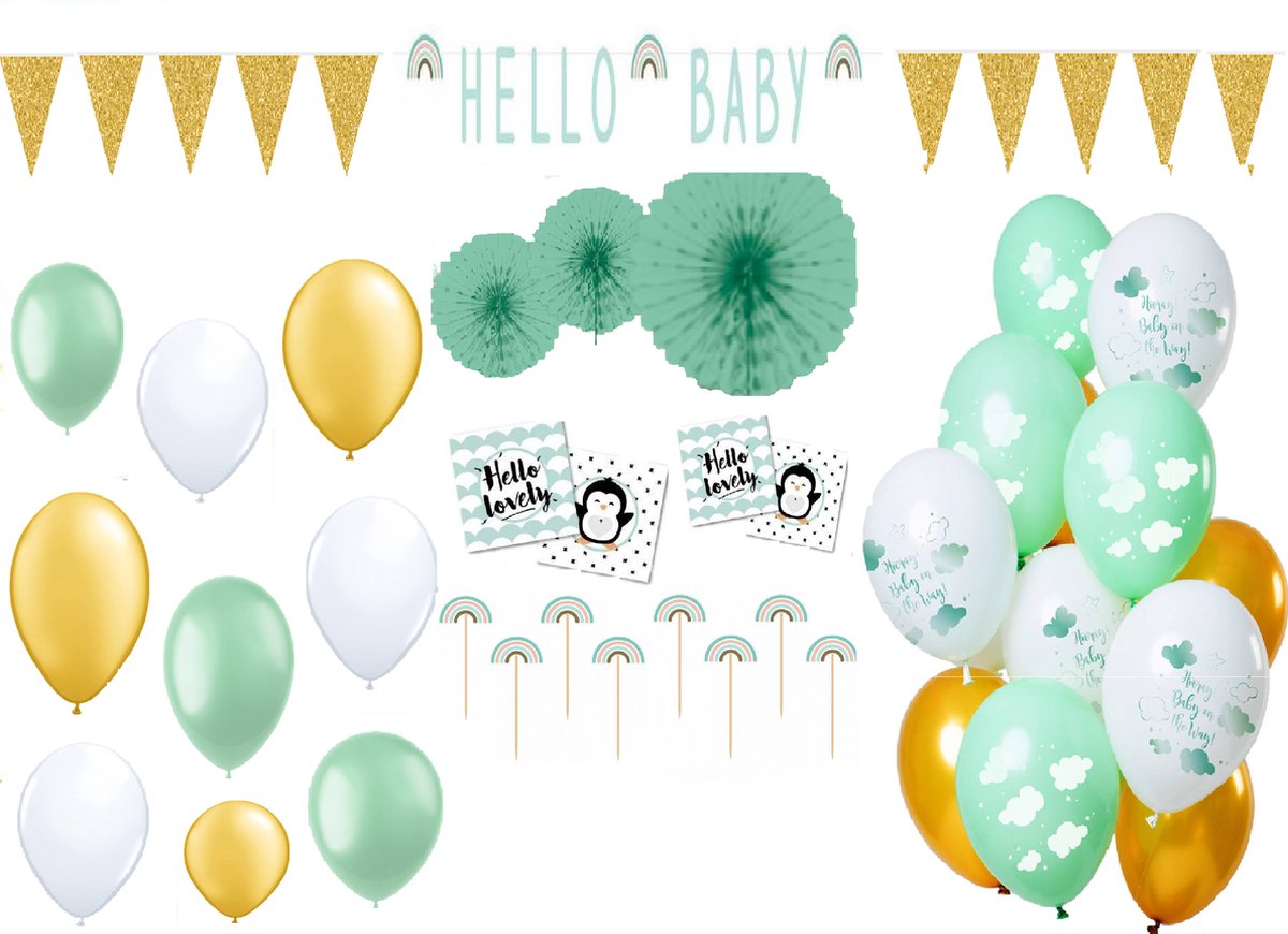 Kastaar Gender reveal party decoratie - 87 stuks - Groen, wit en goud