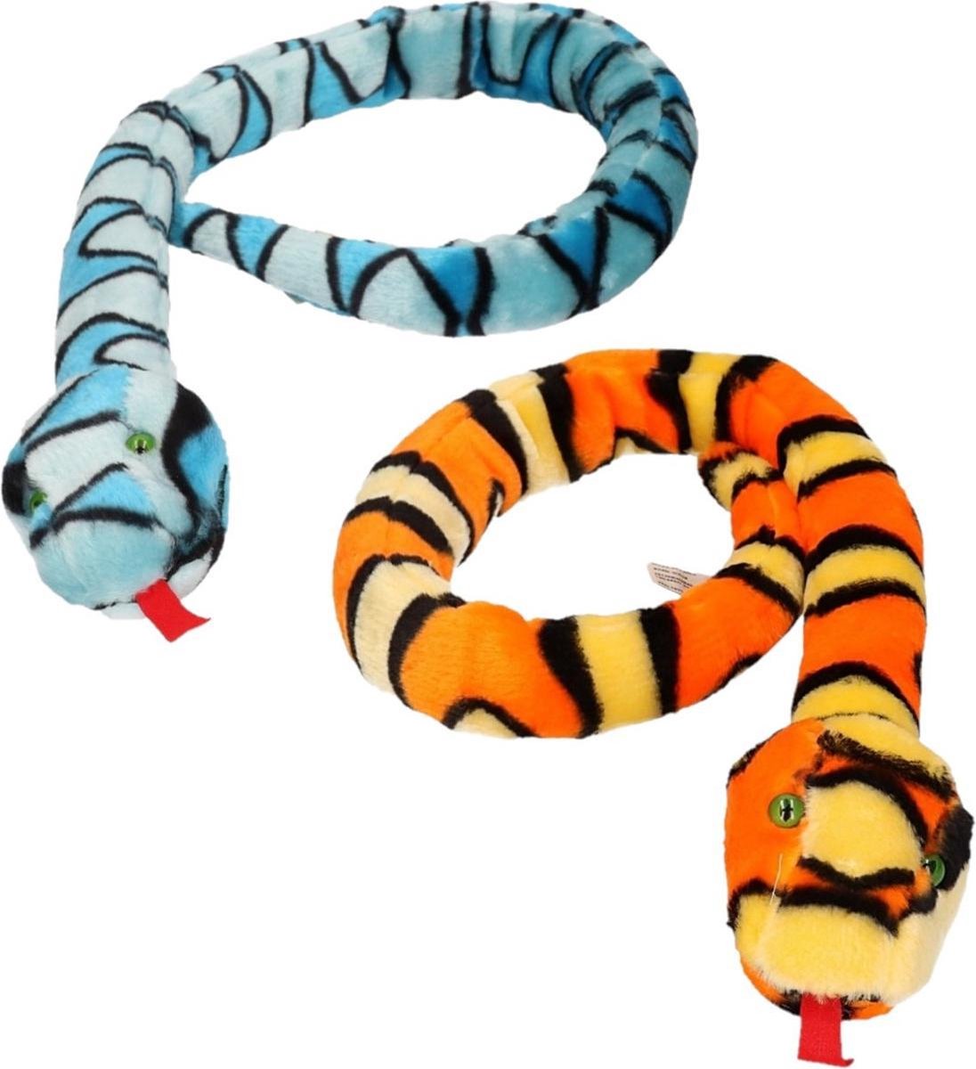 2x grote pluche slangen knuffels van 100 cm - Een oranje en een blauwe - Speelgoed reptielen