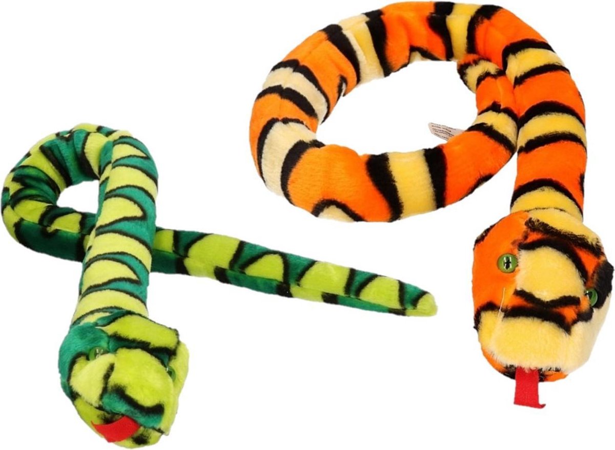 2x grote pluche slangen knuffels van 100 cm - Een oranje en een groene - Speelgoed reptielen