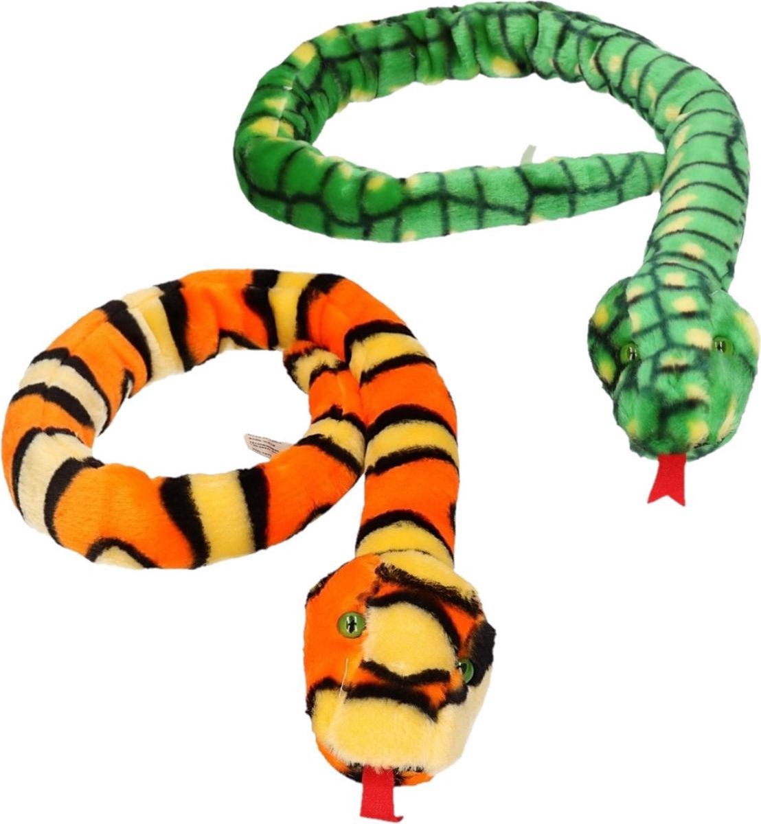 2x grote pluche slangen knuffels van 100 cm - Een oranje en een groene - Speelgoed reptielen