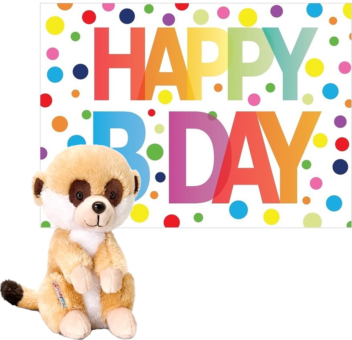 Keel Toys - Knuffel stokstaartje 14 cm met Happy Birthday wenskaart