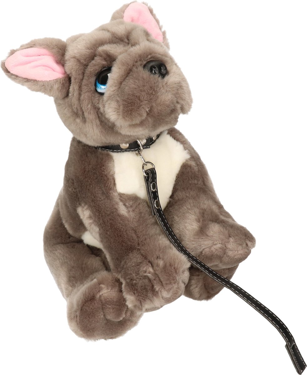 Keel Toys pluche Franse Bulldog aan riem grijs/wit honden knuffel 30 cm - Honden knuffeldieren