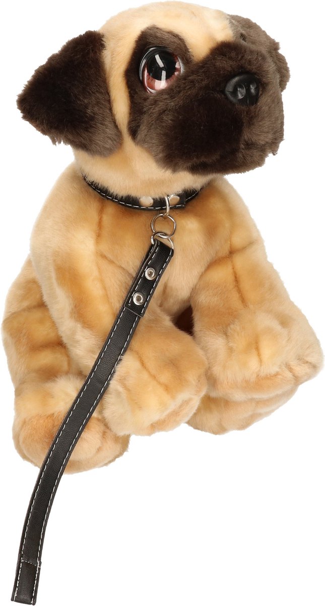 Keel Toys pluche Pug / Mopshondje aan riem bruin -  honden knuffel 30 cm - Honden knuffeldieren