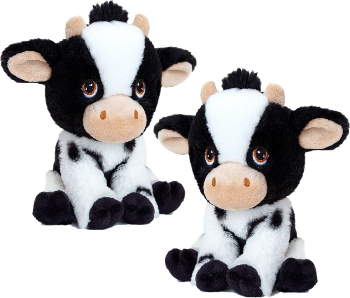 Keel Toys set van 2x stuks pluche knuffel dieren zwart/witte koe 18 cm - boerderij dieren koeien