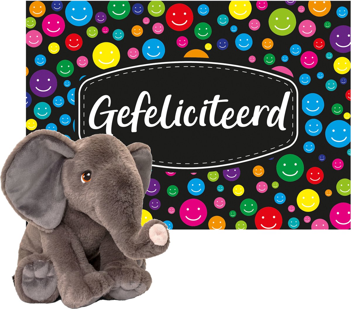 Keel toys - Cadeaukaart A5 Gefeliciteerd met superzacht knuffeldier olifant 35 cm