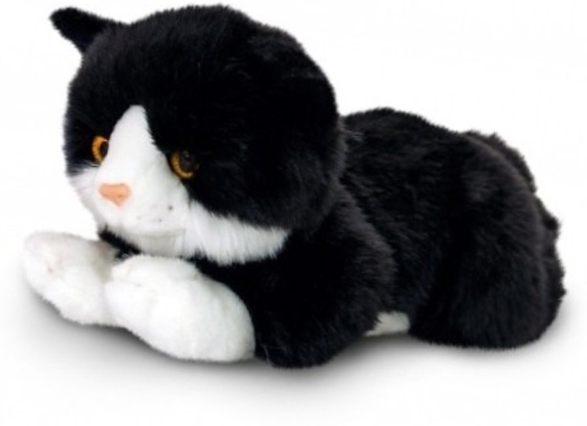 Knuffel pluche poes/kat zwart/ met wit van 35 cm