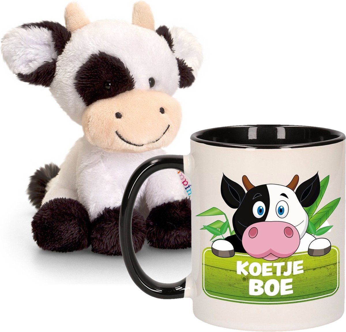 Koeien Cadeau set kind - Koeien knuffel 14 cm en drinkbeker 300ml