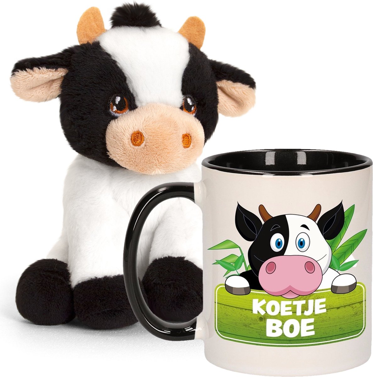 Koeien Cadeauset kind - Koeien knuffel 12 cm en drinkbeker 300ml