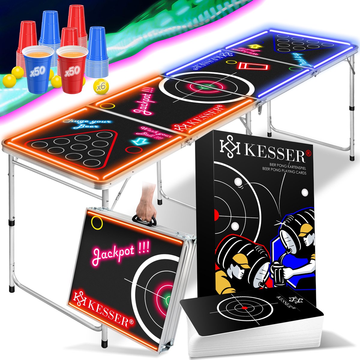KESSER® Beerpong-Tafel / Beerpong - Set met Kaartspel Drinkspel - incl. 100 Bekers (50 Rood & 50 Blauw), 6 Ballen + Regelboek Party Games Tafel In Hoogte Verstelbaar Opvouwbaar - Klassiek - met LED
