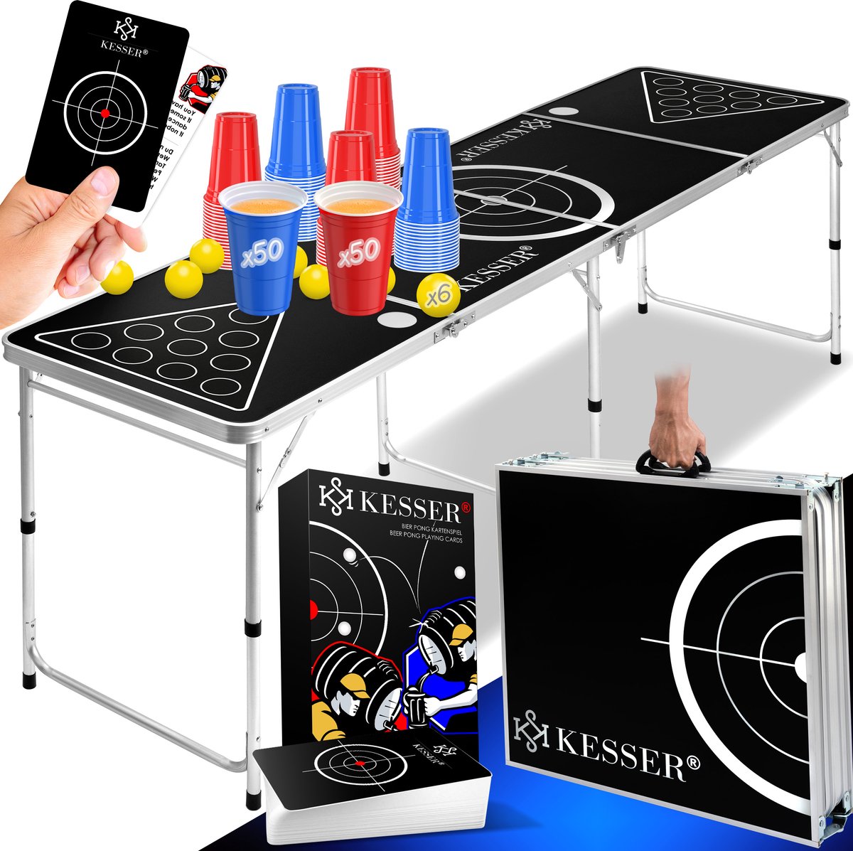 KESSER® Beerpong-Tafel / Beerpong - Set met Kaartspel Drinkspel - incl. 100 Bekers (50 Rood & 50 Blauw), 6 Ballen + Regelboek Party Games Tafel In Hoogte Verstelbaar Opvouwbaar - Klassiek