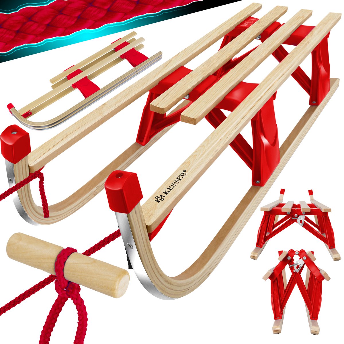 KESSER® Houten slee - Premium opvouwbare kinderslee beukenhout - inclusief trektouw en Metalen lopers - Rood