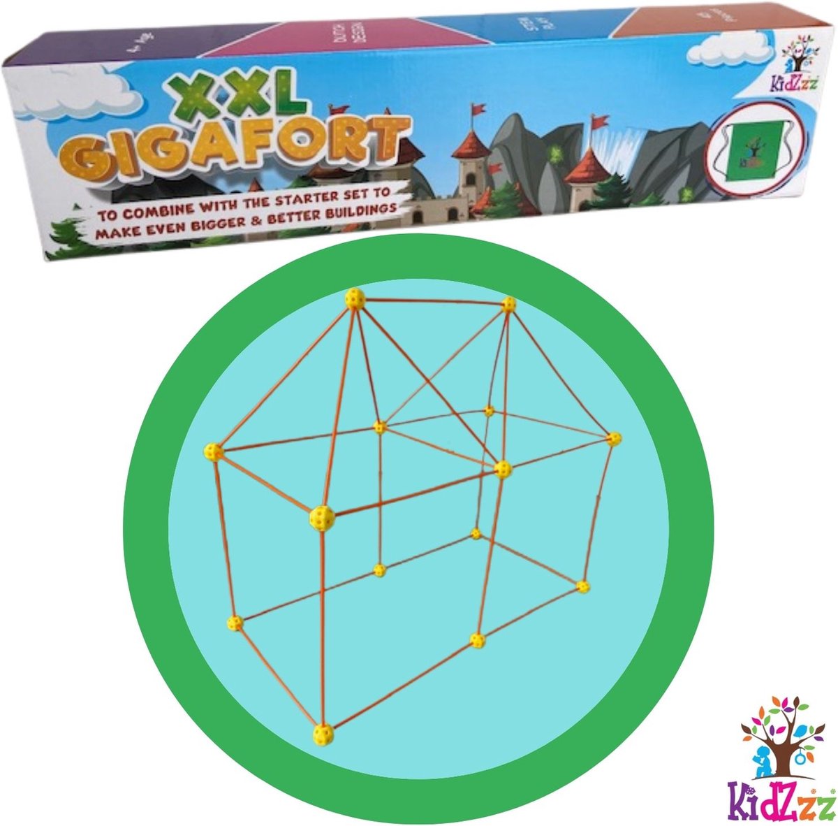 KidZzz XXL Gigafort  hut bouwen speelgoed - uitbreidingsset - constructiespeelgoed - extra lange stokken - bouwset - speeltent -45 stuks