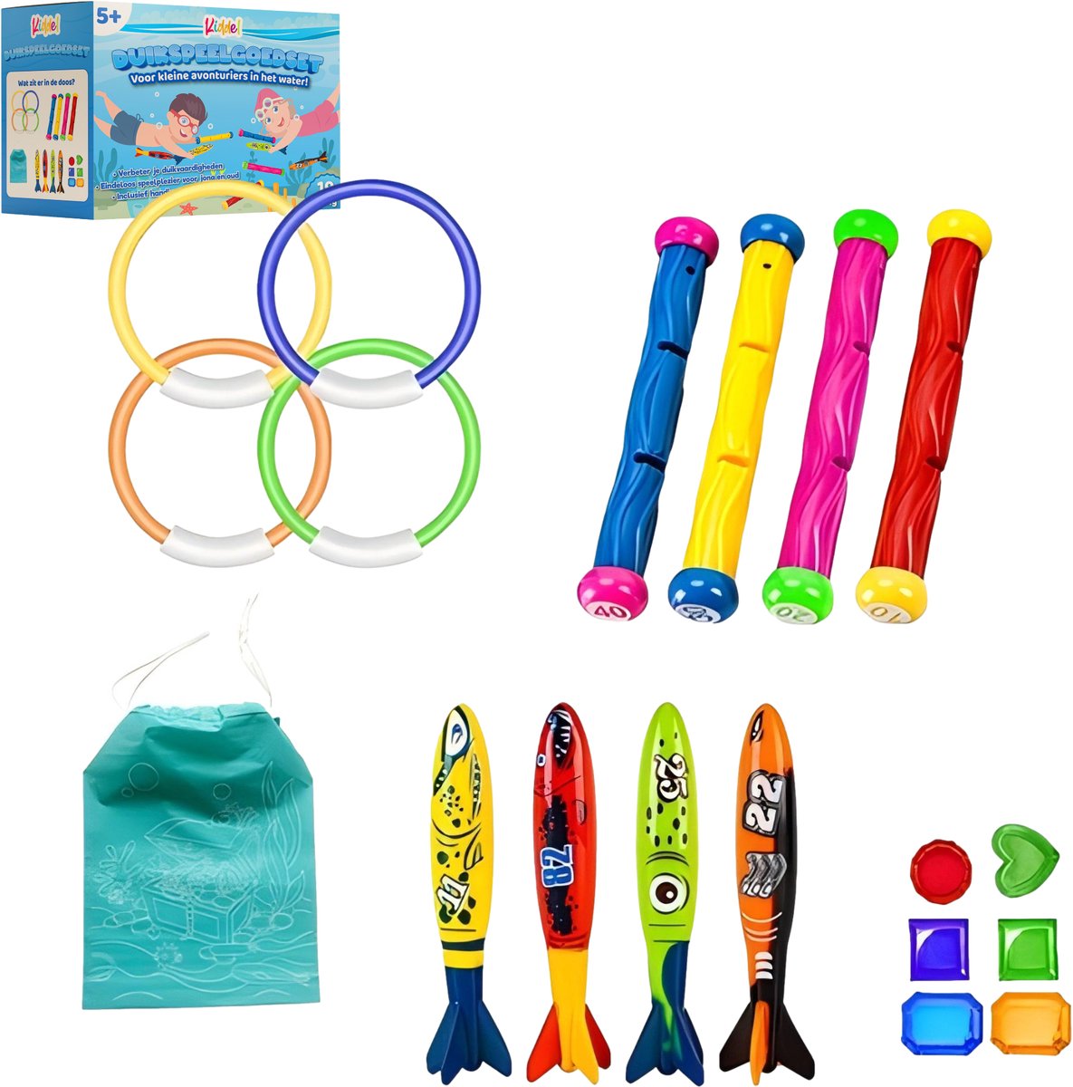   19-delige  set voor Zwembad – Incl. Opbergzak – Duikringen, Torpedo’s, Diamanten – Zwemspeelgoed Kinderen vanaf 5 Jaar – Waterpret 2025