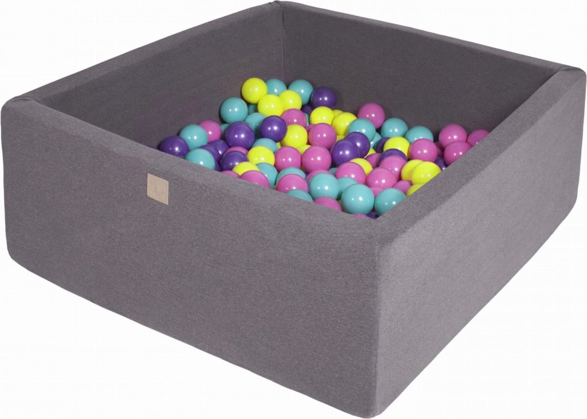 Vierkante ballenbak incl. 400 bollen - 110x110x40 cm - Donkergrijs - Violet, Donkerroze, Limoen, Turkoois