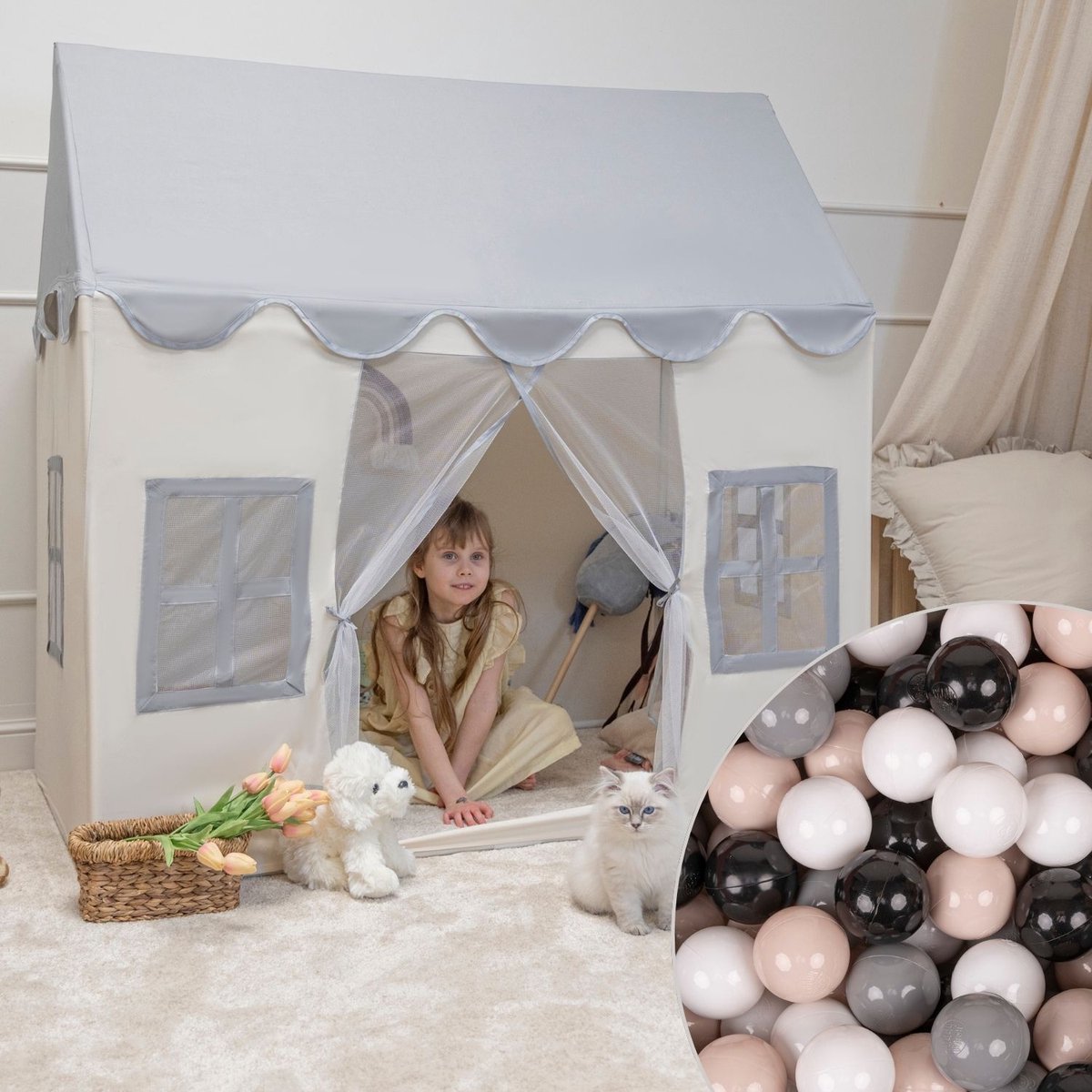   Kindertent Speelhuisje Met 400 Ballen Opvouwbaar Voor Kinder   Duurzaam Materiaal Kinder   Stimuleert Creativiteit Ideaal Voor Binnen En Buiten, Wit-Grijs:Pastel Beige/Grijs/Wit/Zwart