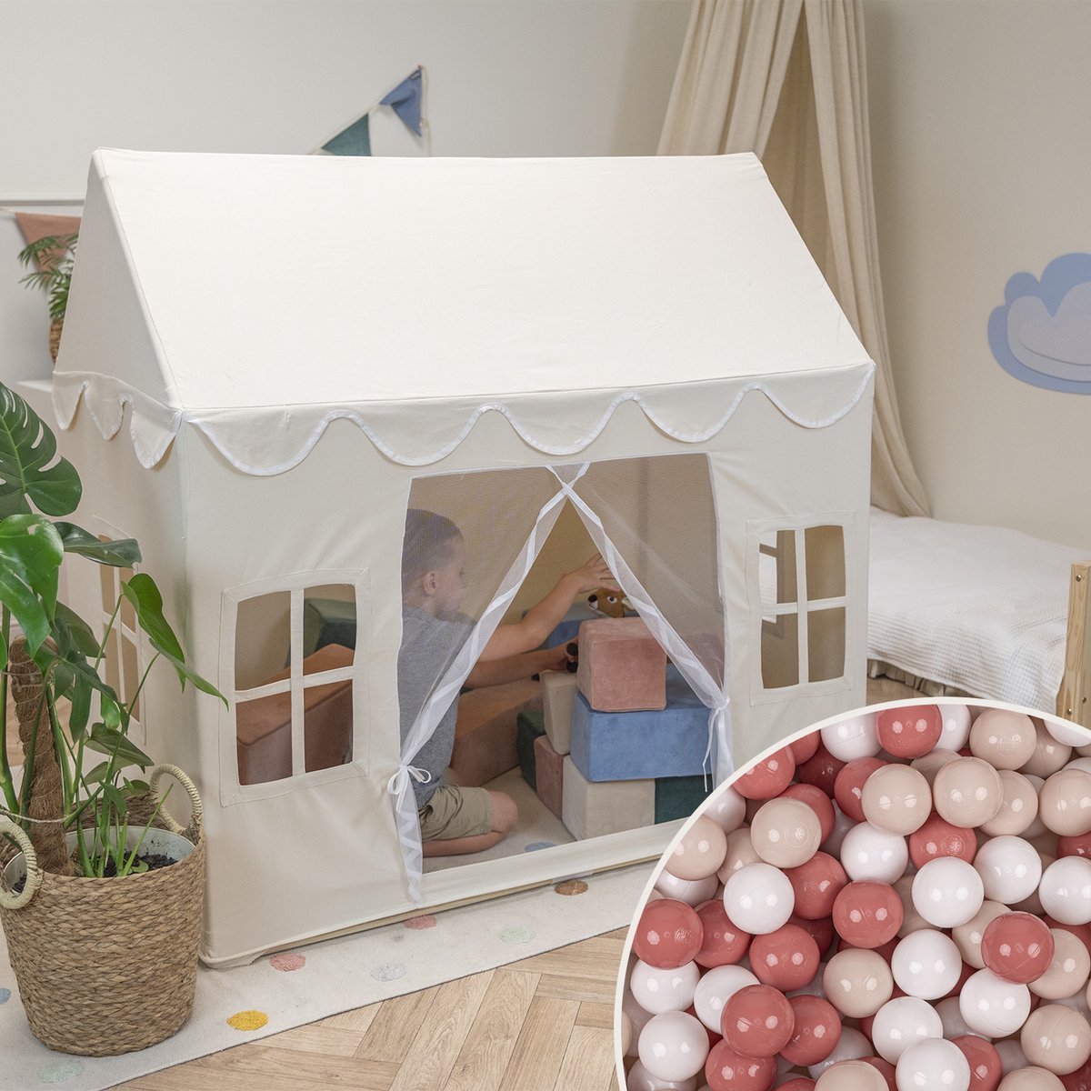   Speelhuis Kindertent Met 200 Ballen Voor Kinderen Kinderhuis Opvouwbaar Ontwerp     Indoor Creativiteit Kindertent Voor Binnen En Buiten Kinderkamer, Natuurlijke Kleur:Pastel Beige/Salmon/Wit