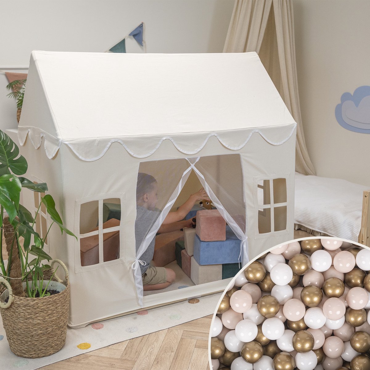   Speelhuis Kindertent Met 200 Ballen Voor Kinderen Kinderhuis Opvouwbaar Ontwerp     Indoor Creativiteit Kindertent Voor Binnen En Buiten Kinderkamer, Natuurlijke Kleur:Pastel Beige/Wit/Goud