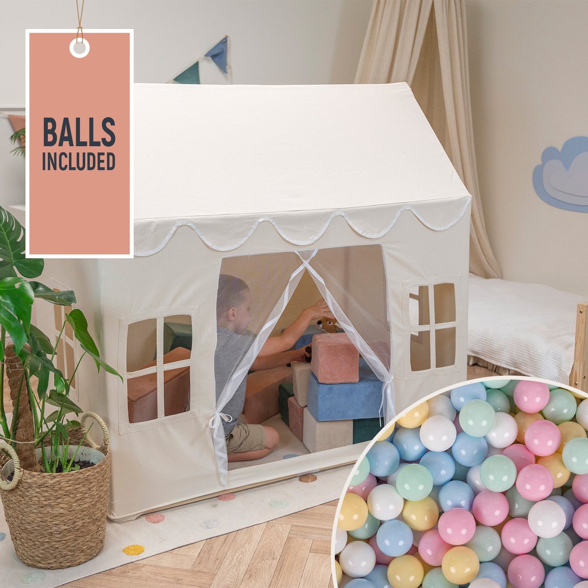   Speelhuis Kindertent Met 200 Ballen Voor Kinderen Kinderhuis Opvouwbaar Ontwerp Kindertent Indoor Creativiteit Kindertent Voor Binnen En Buiten Kinderkamer, Natuurlijke Kleur:Pastelblauw/Pastelgeel/Wit/Mint/Poederroze