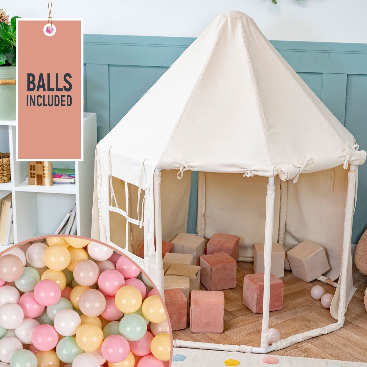     Kindertent Met 100 Ballen Opvouwbaar Voor Kinderen Paviljoenvormig Kinderhuis Gemakkelijk In elkaar te zetten Om Binnen En Buiten Te Spelen, Natuurlijke Kleur:Pastel Beige/Pastelgeel/Wit/Mint/Poederroze