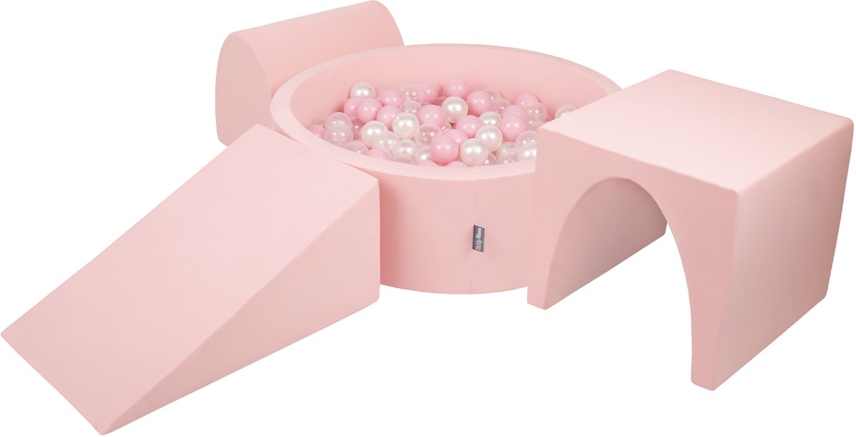   schuimspeelplaats met rond ballenbad (200 ballen) ballenbakken voor babys speelbad hindernisbanen, made in the eu, roze:poederroze/parelmoer/transparant