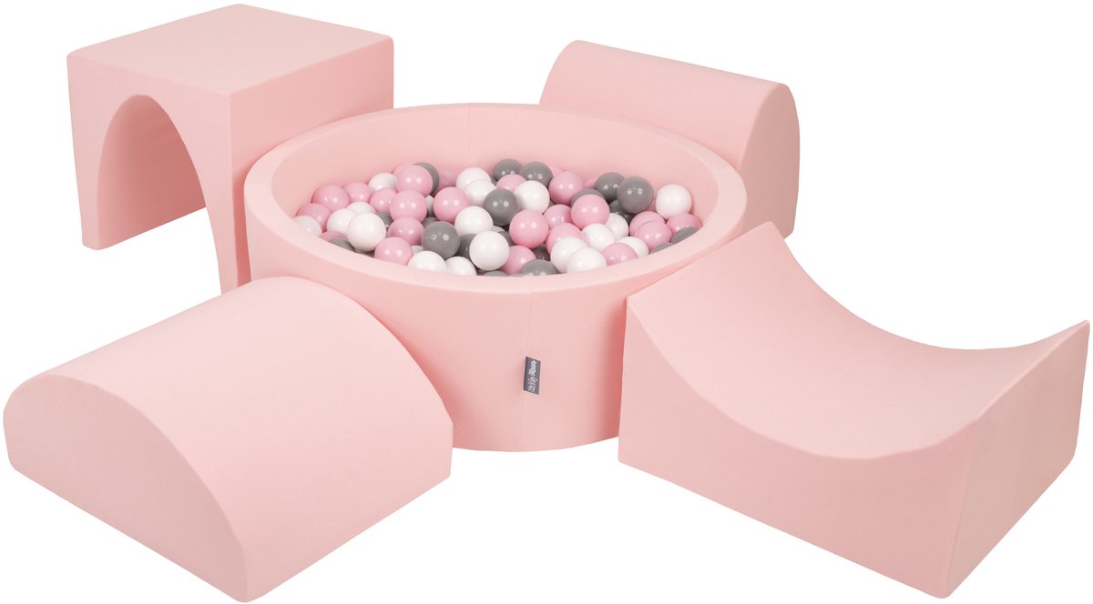   schuimspeelplaats met rond ballenbad (300 ballen) ballenbakken voor babys speelbad hindernisbanen, made in the eu, roze:wit/grijs/poederroze