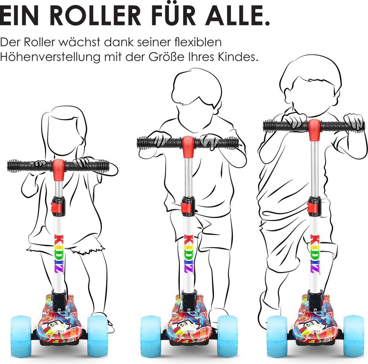 KIDIZ® Kinderstep - 3 wielen Step - Scooter - Kinderscooter X-Pro2 met PU LED oplichtende wielen Opvouwbaar pedaal Kinderstepjes in hoogte verstelbare City Scooter voor jongens en meisjes 3-12 jaar - Graffiti