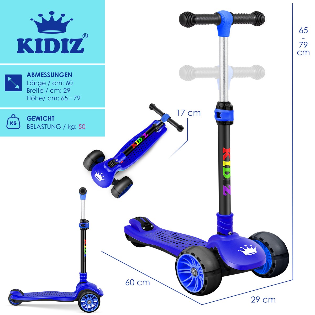 KIDIZ® Kinderstep - 3 wielen Step - Scooter - Kinderscooter X-Pro2 met PU LED oplichtende wielen Opvouwbaar pedaal Kinderstepjes in hoogte verstelbare City Scooter voor jongens en meisjes 3-12 jaar - Zwart / Blauw