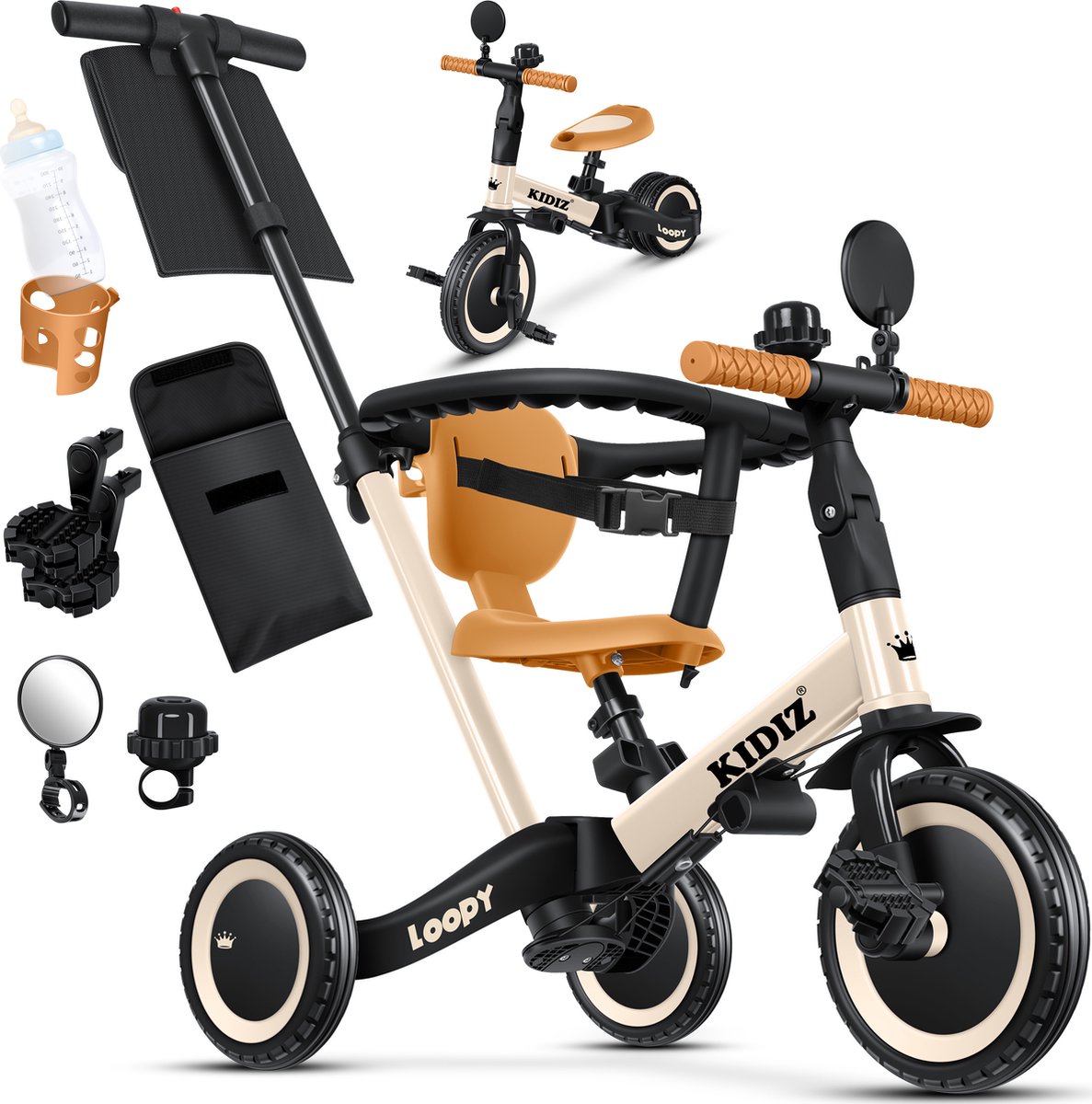 KIDIZ® Loopfiets 6in1 voor Jongens en Meisjes van 1 tot 5 jaar - Driewieler voor Kinderen tot 25 kg Kinderfiets - Beige