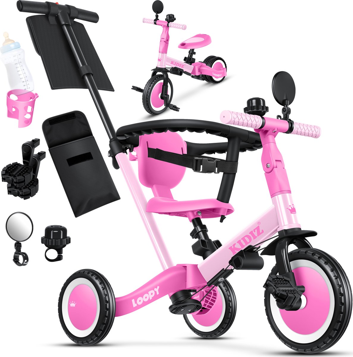 KIDIZ® Loopfiets 6in1 voor Jongens en Meisjes van 1 tot 5 jaar - Driewieler voor Kinderen tot 25 kg Kinderfiets - Roze