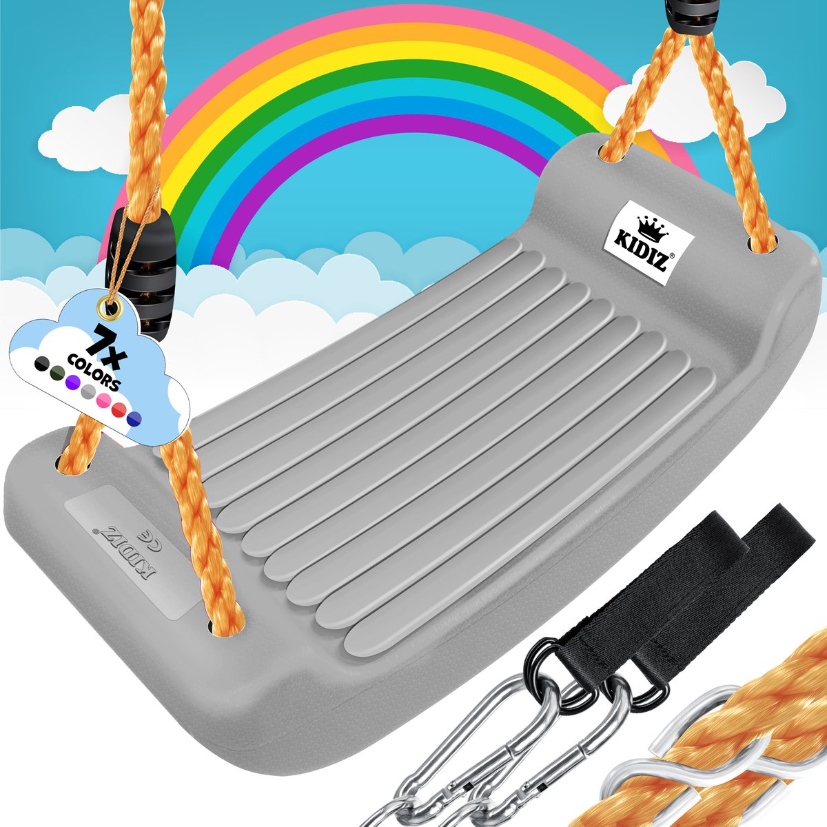 KIDIZ® Schommel Kinderschommel Set - Incl. Accessoires Schommelzitje PP-Touwen Schommelplank Tuin Buiten Binnenschommel voor kinderen om op te schommelen Plastic Hoogte Verstelbaar Antislip - Grijs