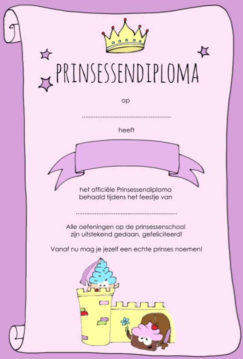 Prinsessen diplomas - kinderfeestje - diploma Prinses - 8 stuks