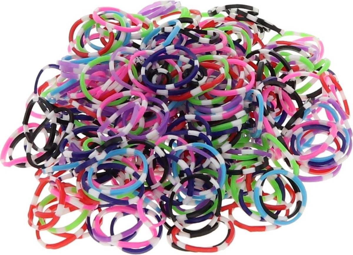 Loombandjes - Mix - Gestreept - Gekleurd donker - 300 stuks - Loom bandjes  - Loomelastiekjes - Elastiekjes - Inlcusief S-Clips / Haakjes