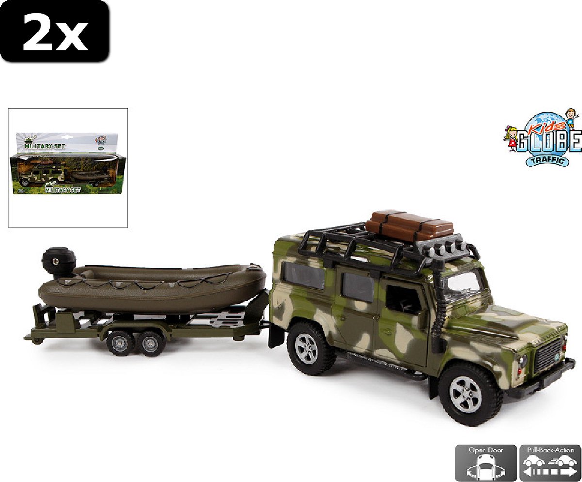 2x Kids Globe Die Cast Land Rover met boot en aanhanger 27cm