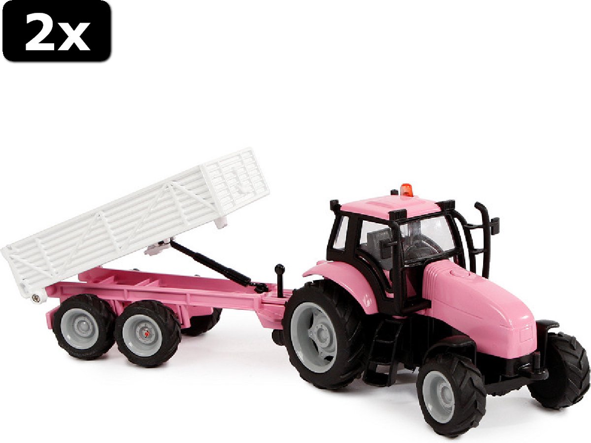 2x Kids Globe tractor met aanhanger 25cm met L/G roze