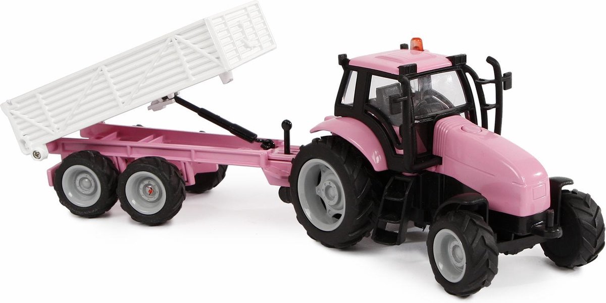 Auto pb   tractor roze met aanhanger + licht/geluid: 25 cm