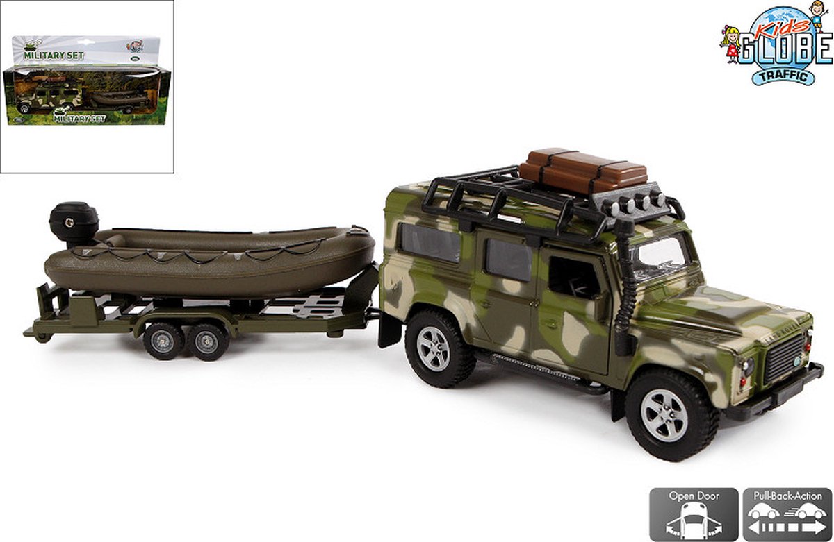 Kids Globe Die Cast Land Rover met boot en aanhanger 27cm