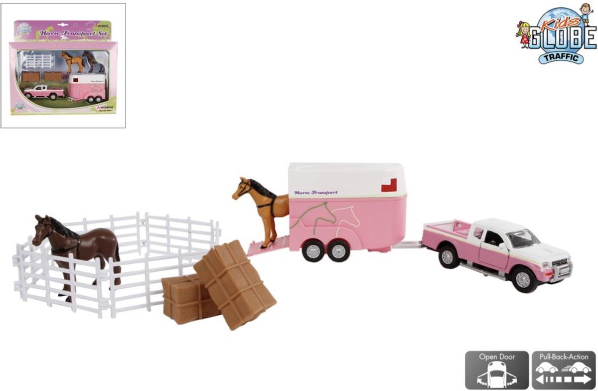 Kids Globe Mitsubishi met paardentrailer en accessoires die cast pull back roze 27cm 520205