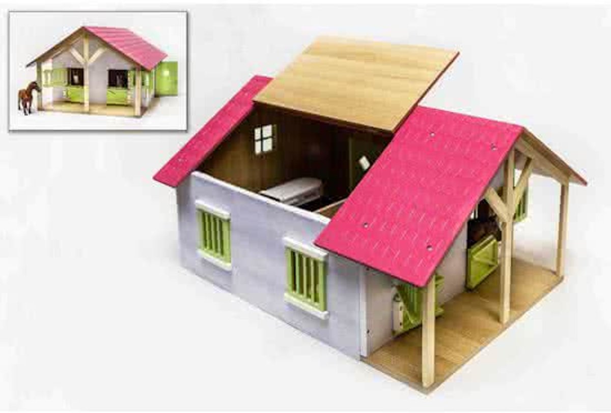 Kids Globe SET Houten paardenstal 2 boxen (roze/1:24) + 4 paarden