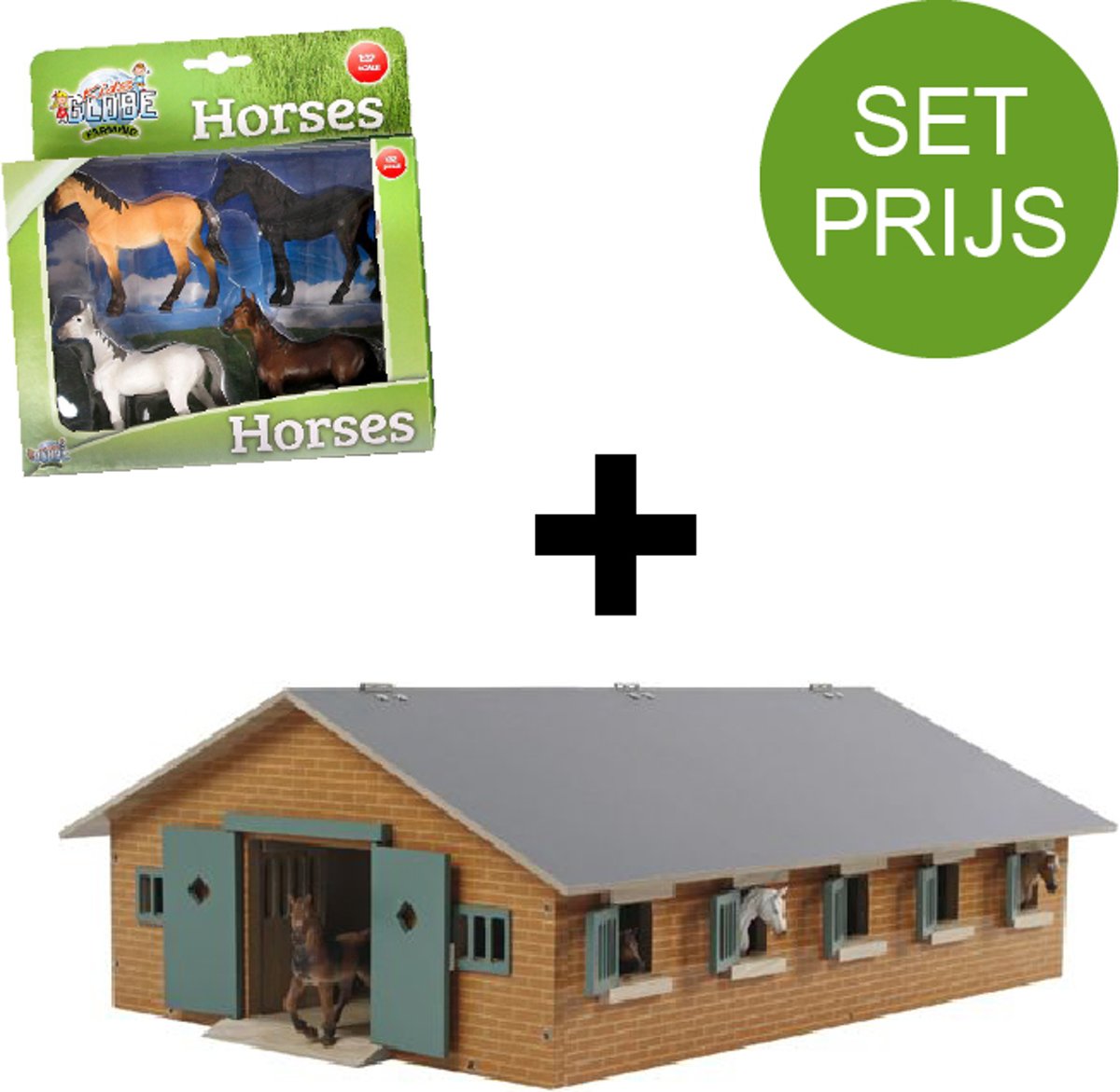 Kids Globe SET Paardenstal met 9 paardenboxen (1:32) + 4 paarden