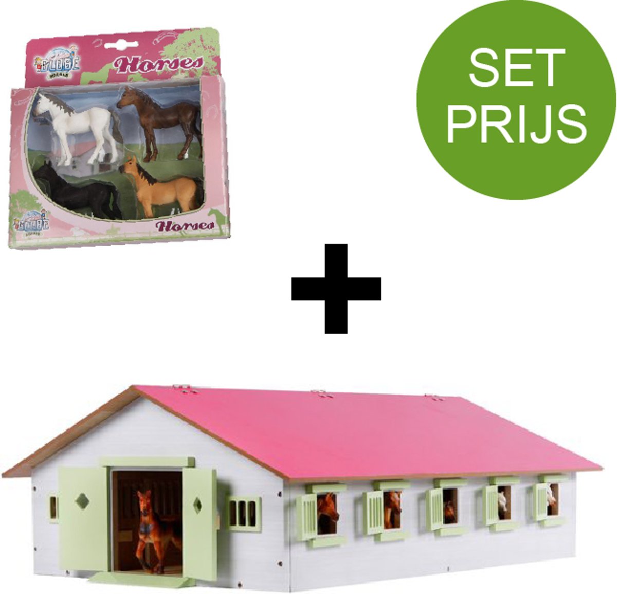 Kids Globe SET Paardenstal met 9 paardenboxen Roze  (1:32) + 4 paarden