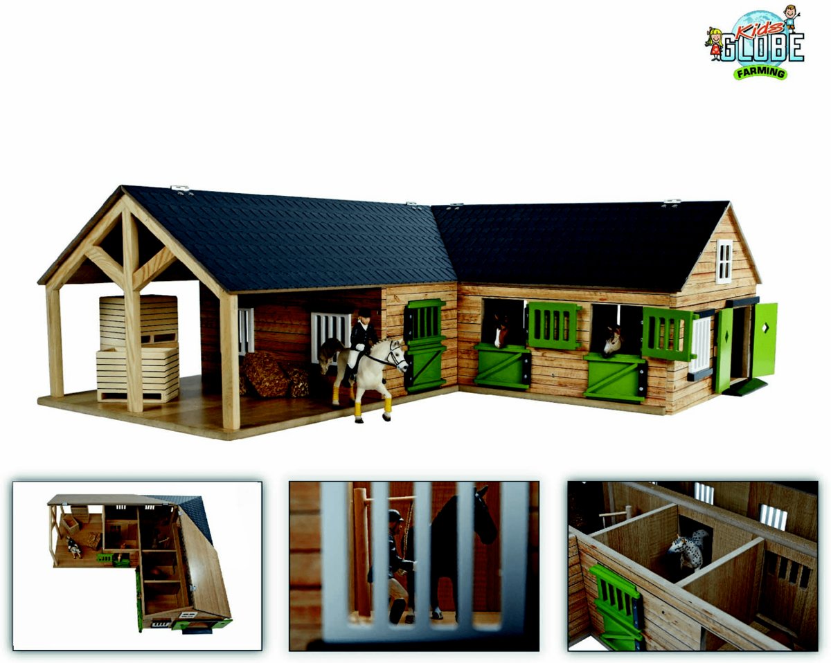 Kids Globe SET houten Paarden hoekstal (1:24) + 4 paarden